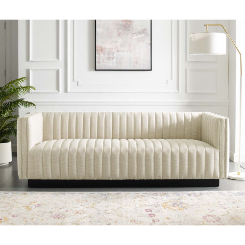 Beige Fabric Vertical Channel Tufted Sofa 