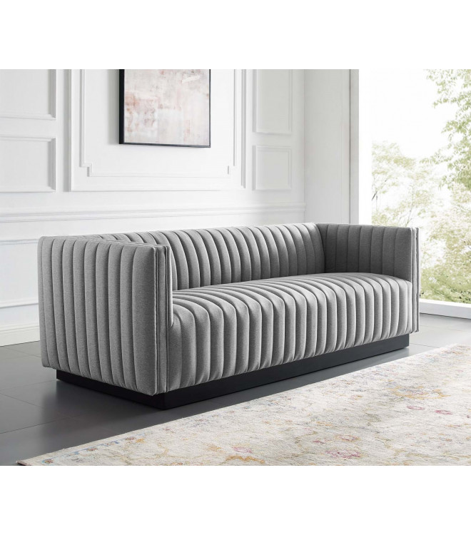 Grey Fabric Vertical Channel Tufted Sofa, Tufted Grey Sofa