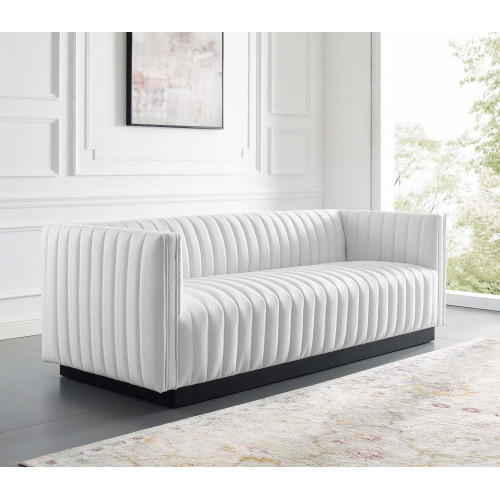 White Fabric Vertical Channel Tufted Sofa 