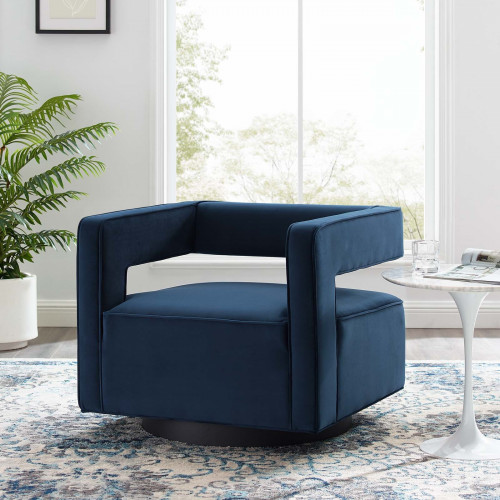 Blue Velvet Swivel Square Cut Back Lounge Chair