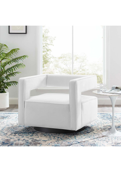 White Velvet Swivel Square Cut Back Lounge Chair