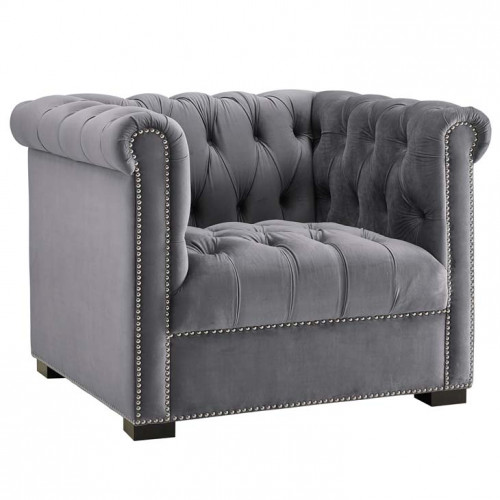 Grey Velvet Tufted Chesterfield Style Chair
