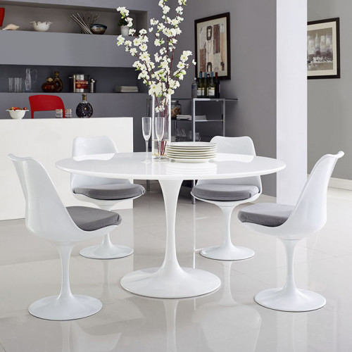 Glossy White Wood Top Metal White Base Round Dining Table 4 sizes
