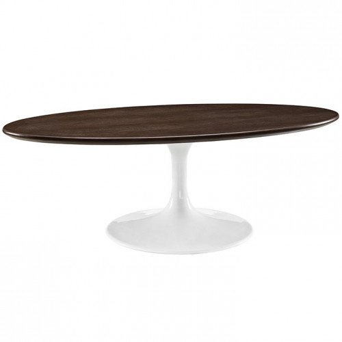 Dark Walnut Oval Top White Base Mid Century Modern Coffee Table 