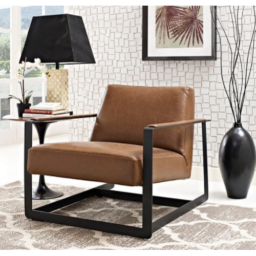 Brown Faux Leather Square Frame Arm Chair