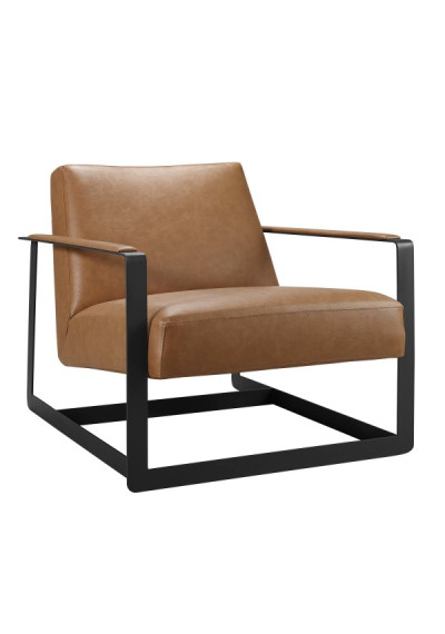 Tan Brown Faux Leather Square Frame Arm Chair