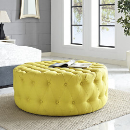 Yellow Fabric All Over Button Tufted Round Ottoman Coffee Table