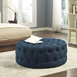 Blue Fabric All Over Button Tufted Round Ottoman Coffee Table