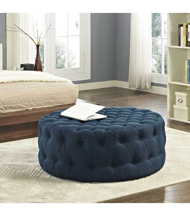 Blue Fabric All Over On Tufted, Fabric Round Ottoman