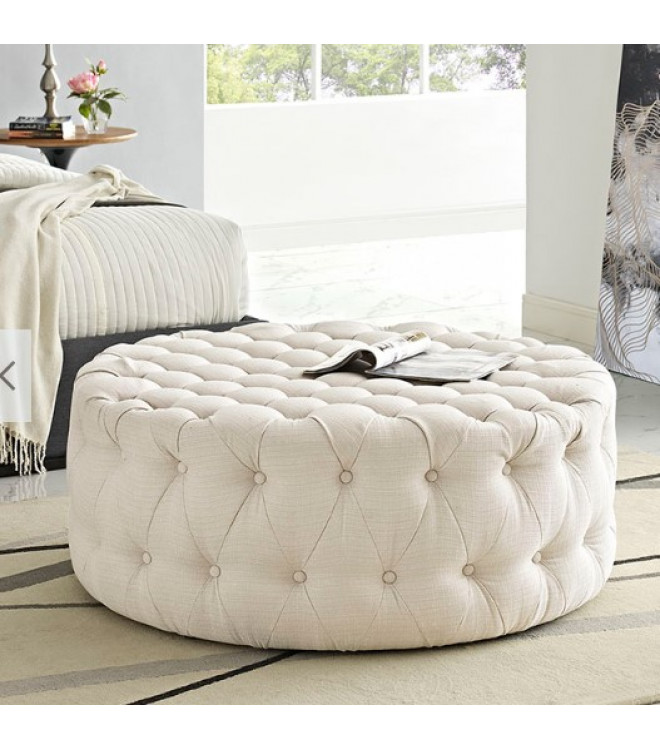Beige Fabric All Over On Tufted, Upholstered Round Ottoman