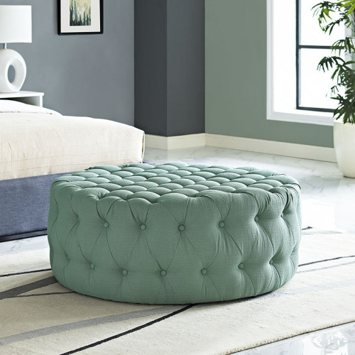 Light Aqua Fabric All Over Button Tufted Round Ottoman Coffee Table