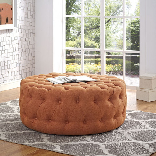 Burnt Orange Fabric All Over Button Tufted Round Ottoman Coffee Table