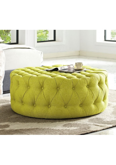 Chartreuse Yellow Fabric All Over Button Tufted Round Ottoman Coffee Table