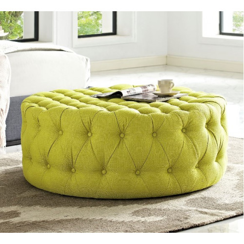 Chartreuse Yellow Fabric All Over Button Tufted Round Ottoman Coffee Table