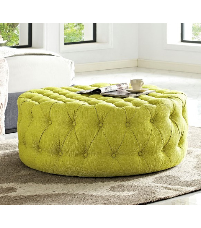 Chartreuse Yellow Fabric All Over, Round Cushion Ottoman Coffee Table