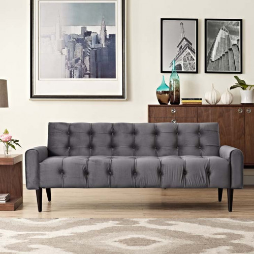 Grey Velvet Tufted Apartment Size Sofa