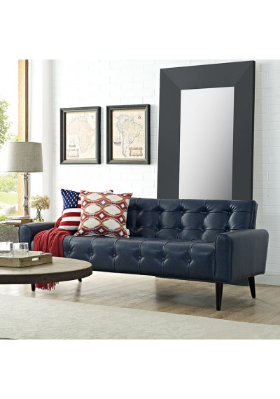 Blue Faux Leather Tufted Apartment Size Sofa