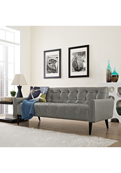 Grey Faux Leather Tufted Apartment Size Sofa