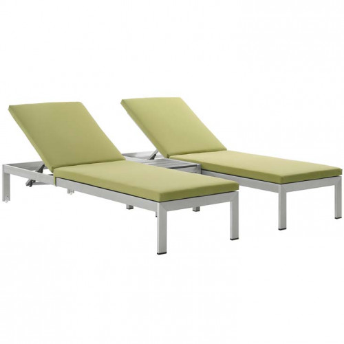 3 Piece Silver Aluminum Patio Chaise & Table Set Lime Cushions