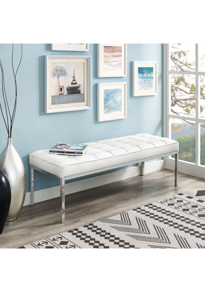 White Leather Tufted Stainless Steel Leg Bench
