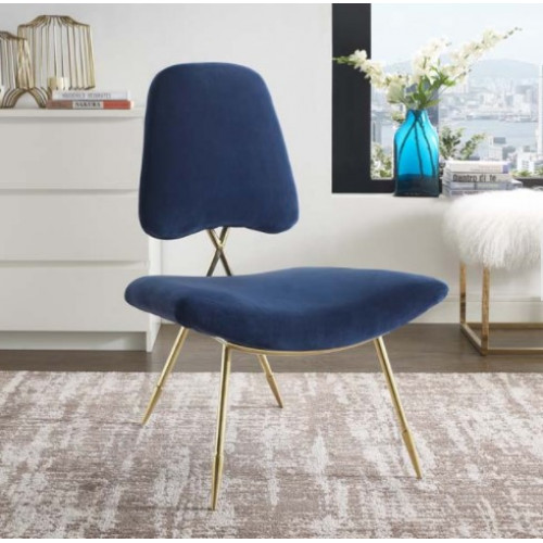 Navy Blue Velvet Gold Toothpick Leg Lounge Chair
