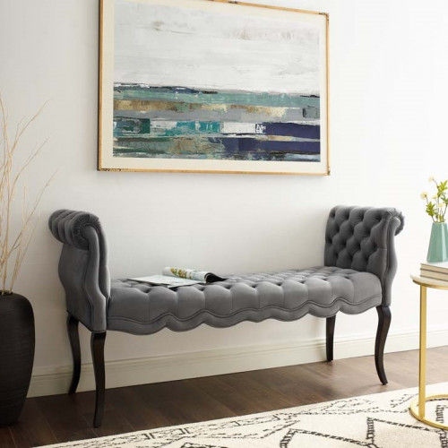Grey Velvet Chesterfield Style Button Tufted Bench