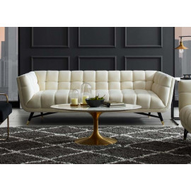 Mid Century Deep Tufted Ivory Velvet Sofa