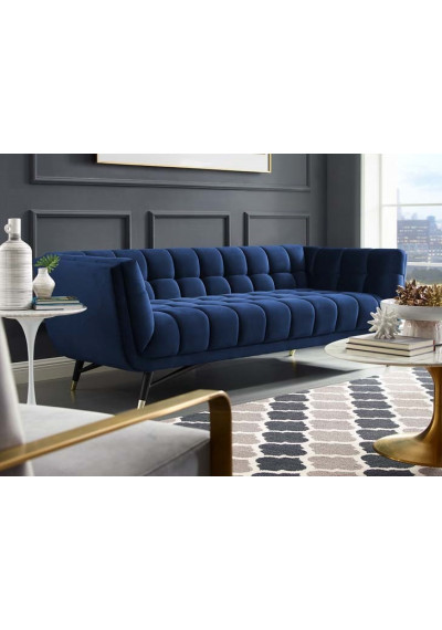 Mid Century Deep Tufted Blue Velvet Sofa