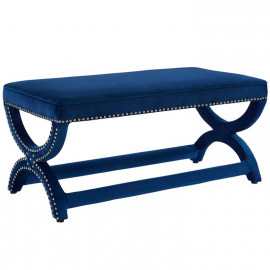Blue Velvet Curved Legs Nailhead Trim Bench