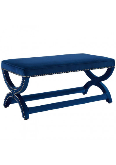 Blue Velvet Curved Legs Nailhead Trim Bench
