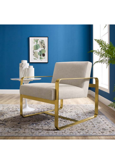 Beige Fabric Gold Square Frame Lounge Chair