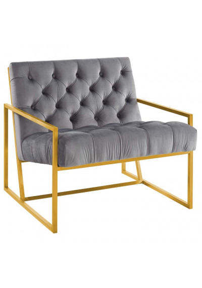 Grey Tufted Velvet Square Box Gold Frame Arm Chair