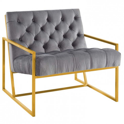 Grey Tufted Velvet Square Box Gold Frame Arm Chair