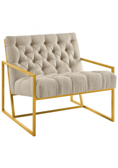 Beige Fabric Tufted Square Box Gold Frame Arm Chair