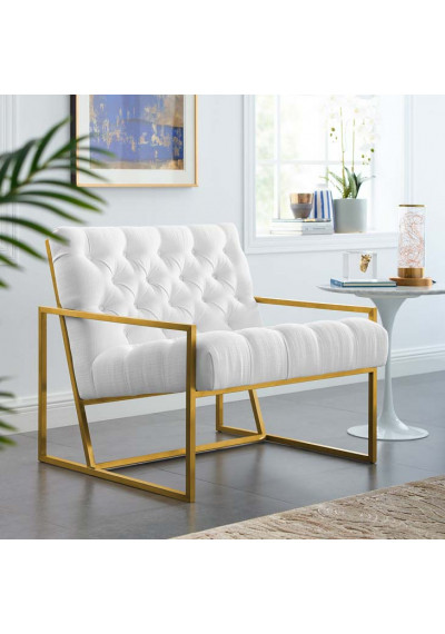 White Fabric Tufted Square Box Gold Frame Arm Chair