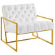 White Fabric Tufted Square Box Gold Frame Arm Chair