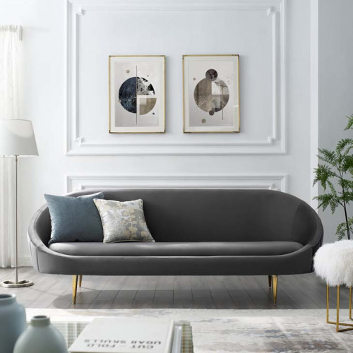 Grey Velvet Spoon Shape Mid Century Style Sofa