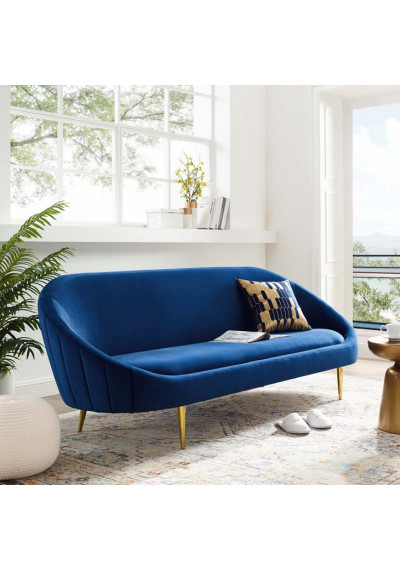 Blue Velvet Spoon Shape Mid Century Style Sofa