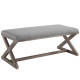 French Farmhouse Weathered Wood X Frame Light Grey Fabric Bench