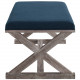 French Farmhouse Weathered Wood X Frame Navy Blue Fabric Bench