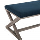French Farmhouse Weathered Wood X Frame Navy Blue Fabric Bench