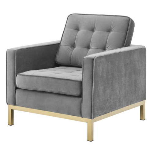 Grey Velvet Tufted Mid Century Modern Gold Leg Lounge Chair