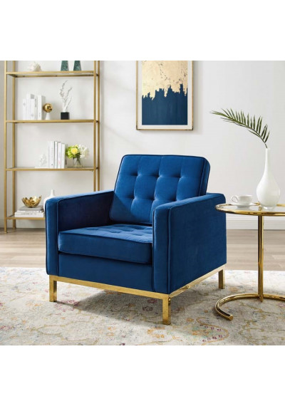 Blue Velvet Tufted Mid Century Modern Gold Leg Lounge Chair