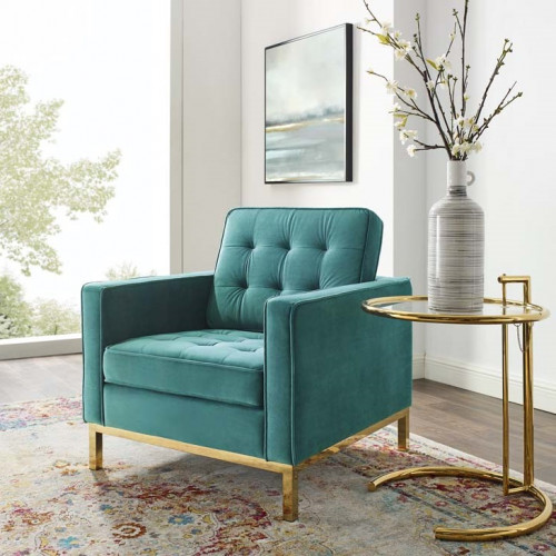 Teal Green Velvet Tufted Mid Century Modern Gold Leg Lounge Chair