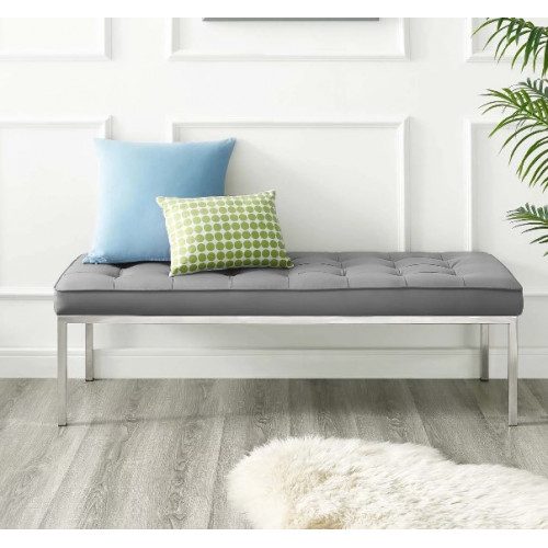 Grey Silver Faux Leather Tufted Stainless Steel Leg Bench