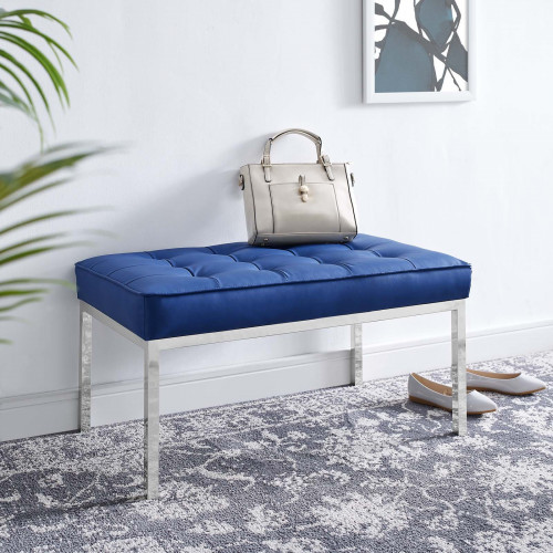 Blue Mid Size Faux Leather Tufted Stainless Steel Leg Bench