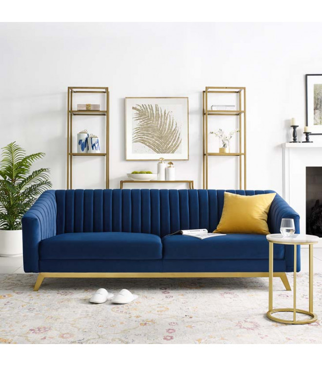 Blue Velvet Vertical Channel Tufted Sofa