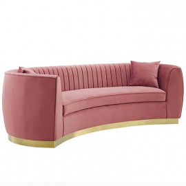 Dusty Pink Velvet Vertical Channel Tufted Curved Sofa 