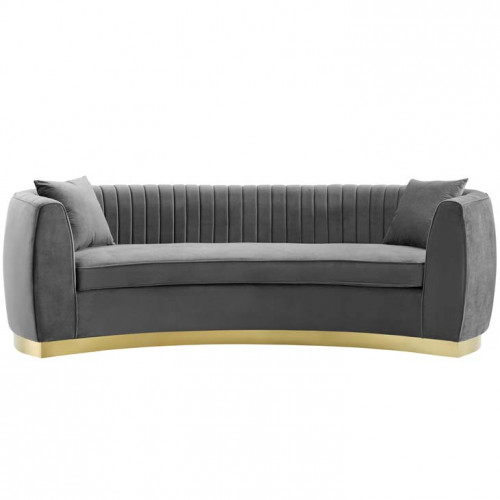 Grey Velvet Vertical Channel Tufted Curved Sofa 