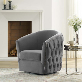 Grey Velvet Back Tufted Barrel Shaped Swivel Chair
